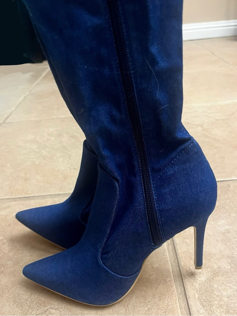 Cape Robin Blue Stretch Denim Jean Thigh High Pointy Toe Stiletto Heel Boots 6.5 - Picture 7 of 13